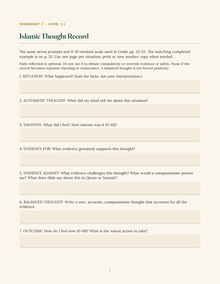 Current workbook page 5: seven-prompt Islamic Thought Record